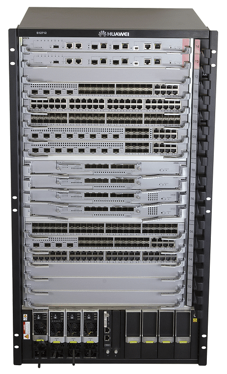 S12712机框    支持双主控MPU，12块业务板，4块交换网板，AC/DC电源N+N备份/N+1备份/N+0无备份。