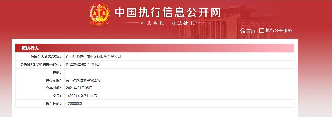 吉林省白山江源农村商业银行股份有限公司失信信息