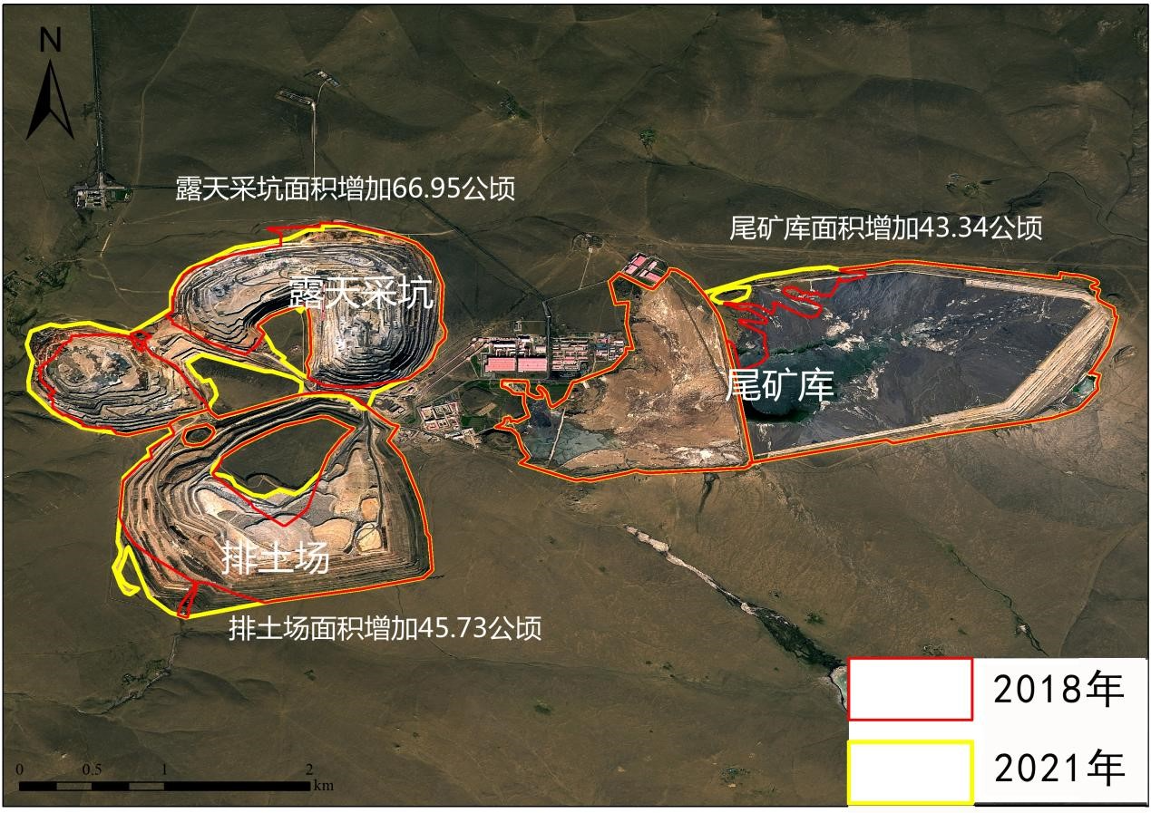卫星遥感影像显示,2021年内蒙古矿业排土场、尾矿库及露天矿坑等合计占用草原面积较2018年增加约156公顷。