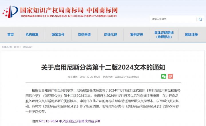 关于启动尼斯分类第十二版2024文本的通知