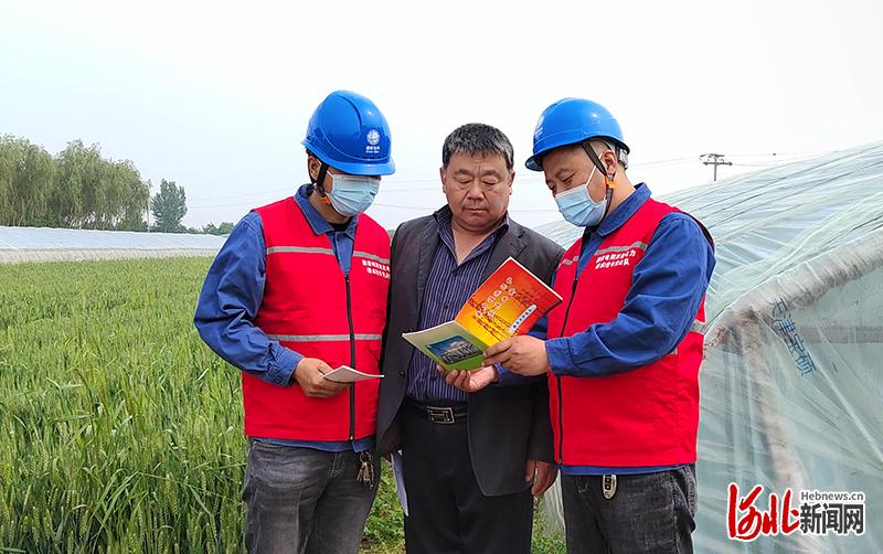 5月24日，国网饶阳县供电公司员工为果农讲解如何避免恶劣天气对棚室的不利影响。  通讯员刘艳朝摄