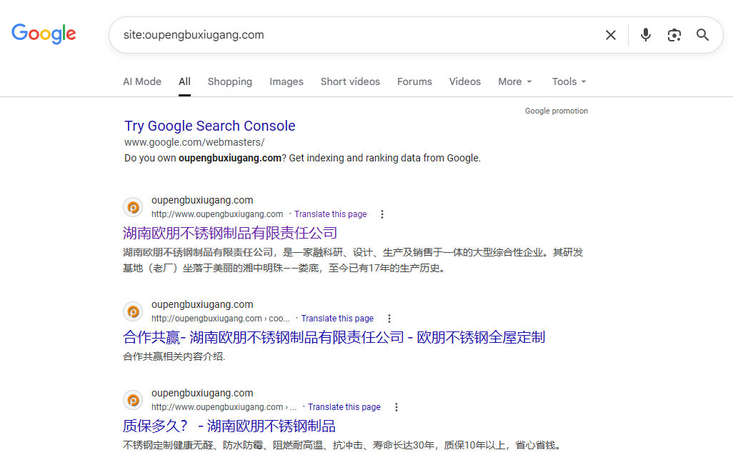 湖南欧朋不锈钢制品有限责任公司 - 谷歌收录搜索截图